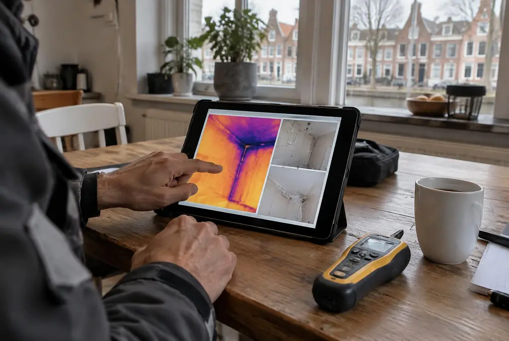 Lekdetectie Oosterhout – lekdetectierapport met warmtebeelden en foto's op een tablet