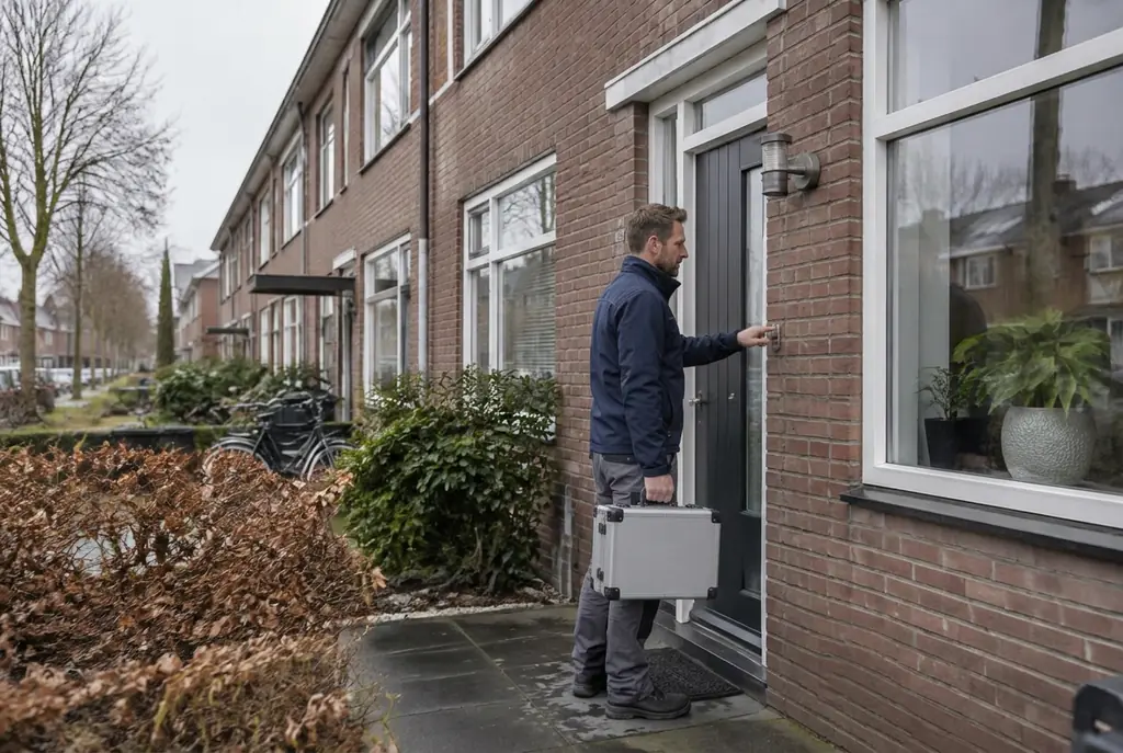 Lekdetectiespecialist met meetkoffer bij de voordeur van een woning in Oosterhout